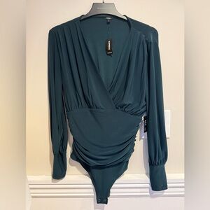 NWT EXPRESS Satin Green Wrap Front Bodysuit with Ruching